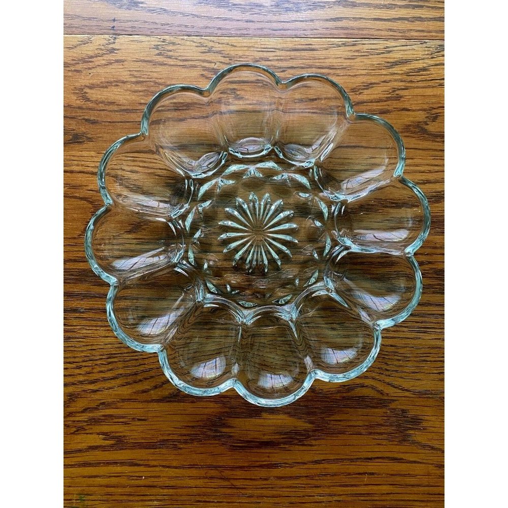 Vtg Crystal Glass Deviled Egg Relish Tray Oyster Glass Serving Plate EUC